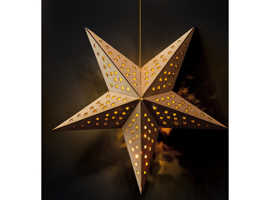 Solight LED dřevěná vánoční hvězda, závěsná, časovač, 20x LED, 65cm, 2x AA