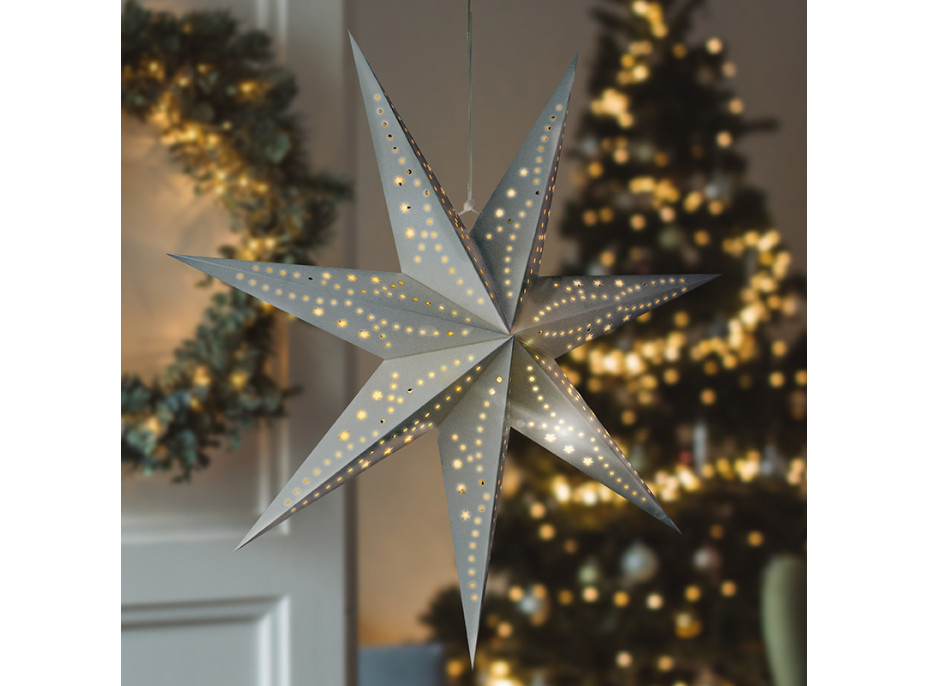 Solight LED vánoční hvězda stříbrná, závěsná, časovač, 60cm, 20x LED, 2x AA