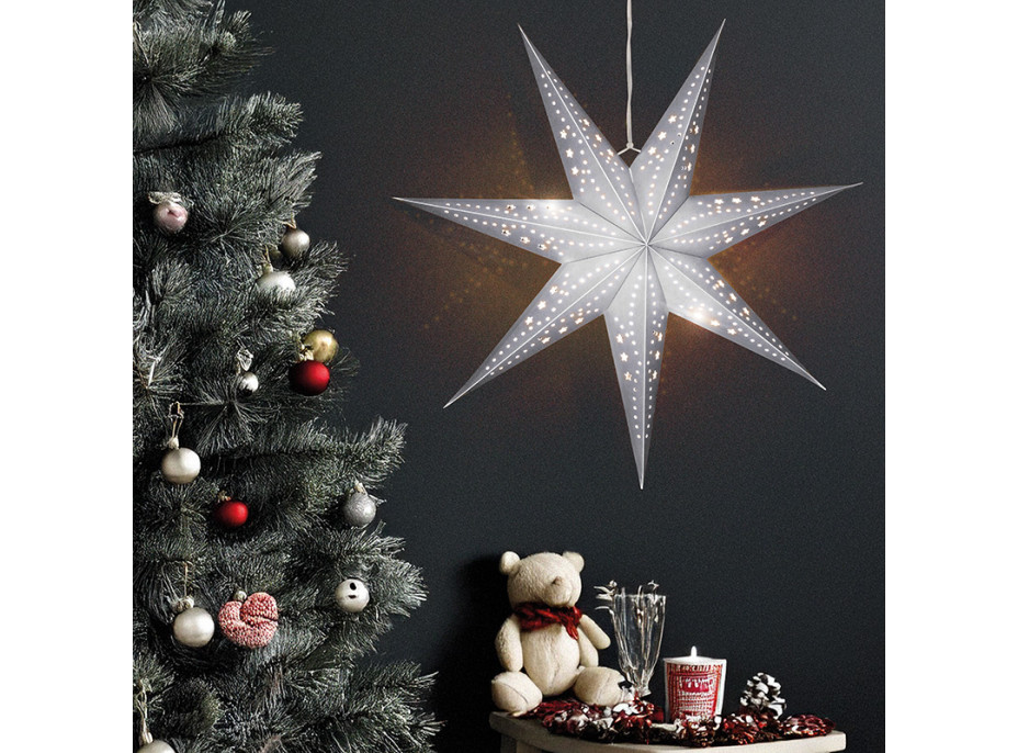 Solight LED vánoční hvězda stříbrná, závěsná, časovač, 60cm, 20x LED, 2x AA