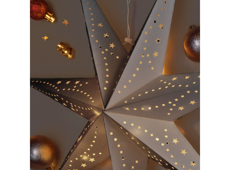 Solight LED vánoční hvězda stříbrná, závěsná, časovač, 60cm, 20x LED, 2x AA