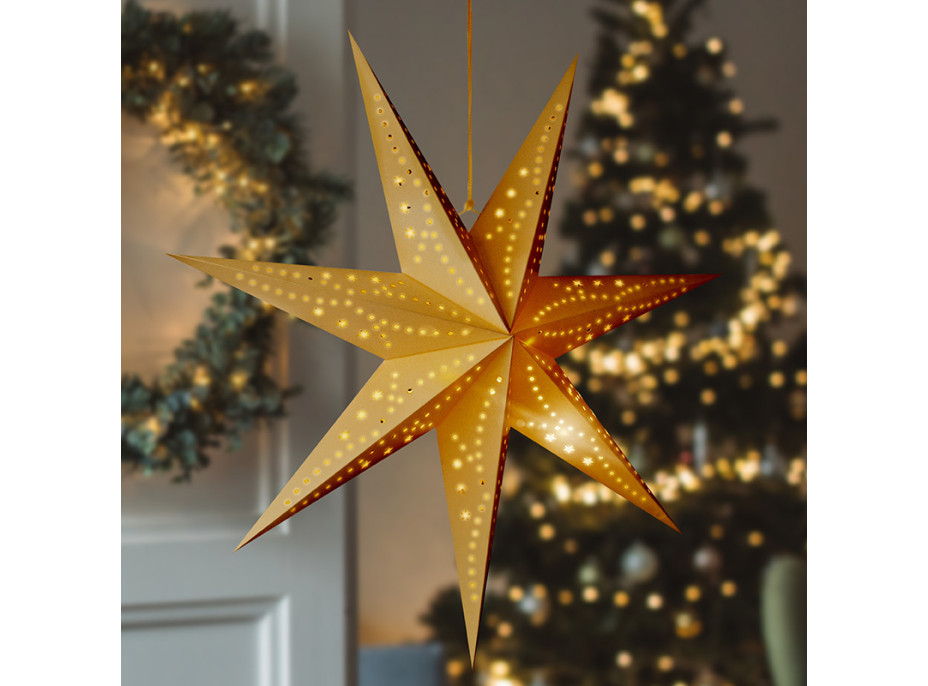 Solight LED vánoční hvězda zlatá, závěsná, časovač, 60cm, 20x LED, 2x AA