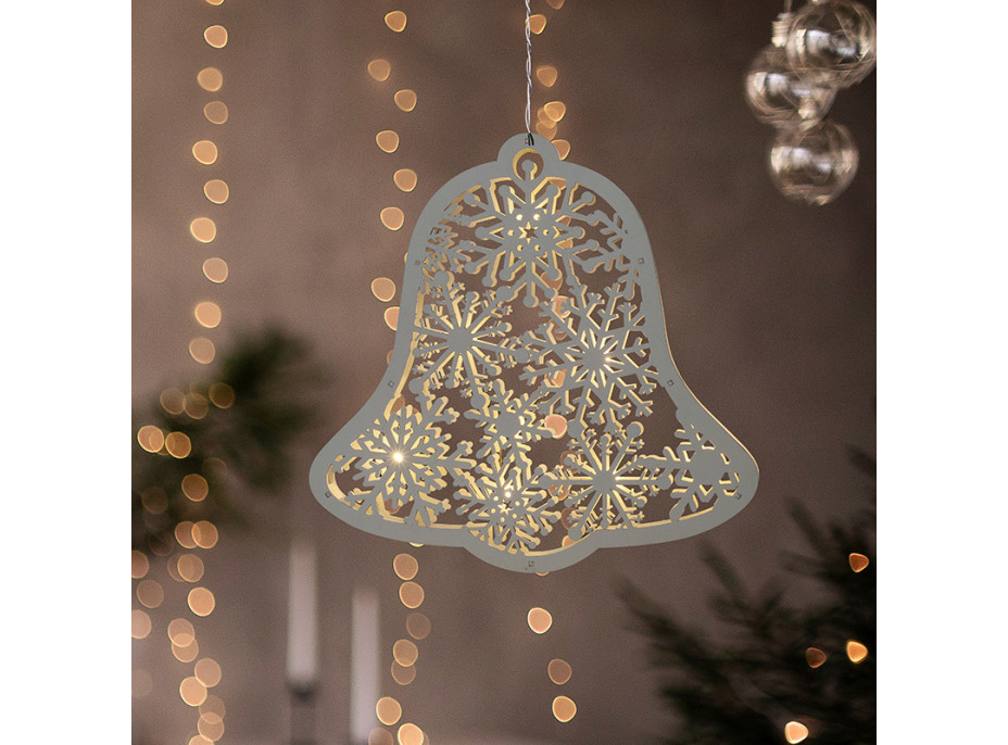 Solight LED dřevěný vánoční zvoneček, 9x LED, bílá, 30cm, časovač, 2x AA