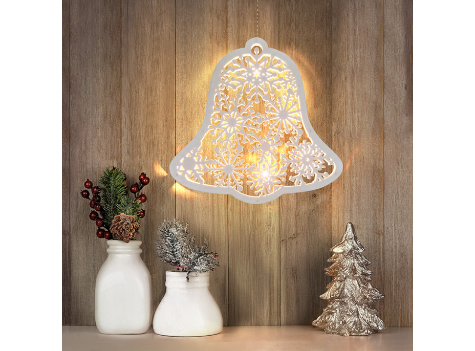 Solight LED dřevěný vánoční zvoneček, 9x LED, bílá, 30cm, časovač, 2x AA