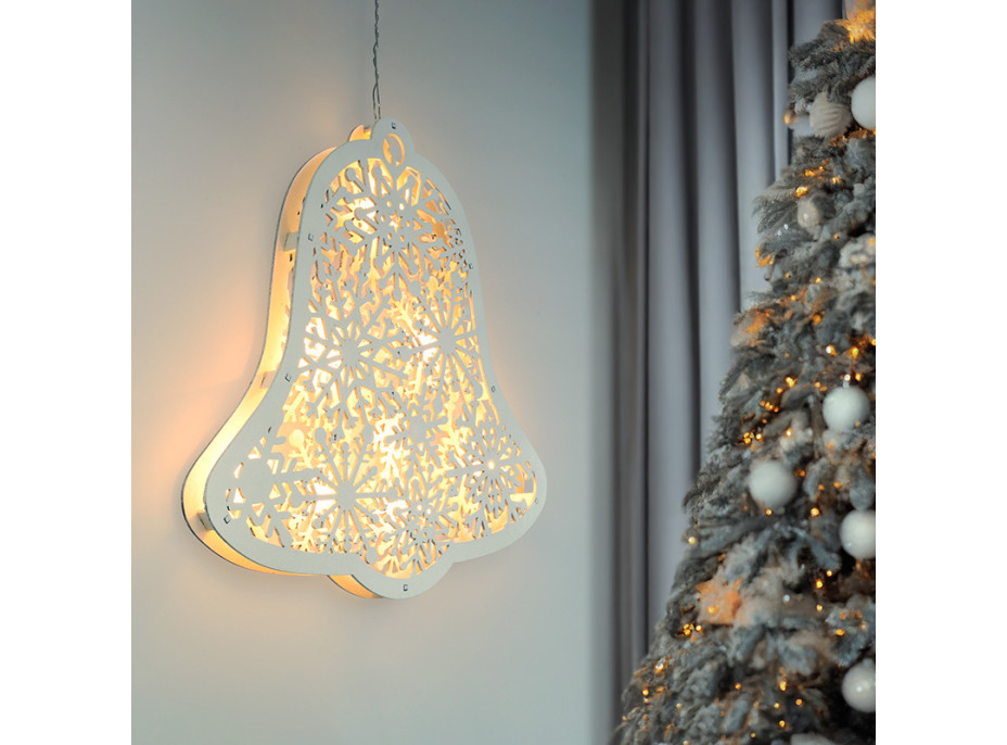 Solight LED dřevěný vánoční zvoneček, 9x LED, bílá, 30cm, časovač, 2x AA
