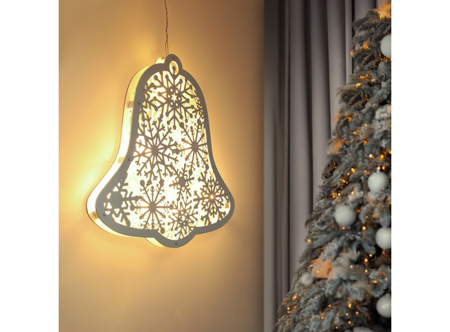 Solight LED dřevěný vánoční zvoneček, 9x LED, bílá, 30cm, časovač, 2x AA