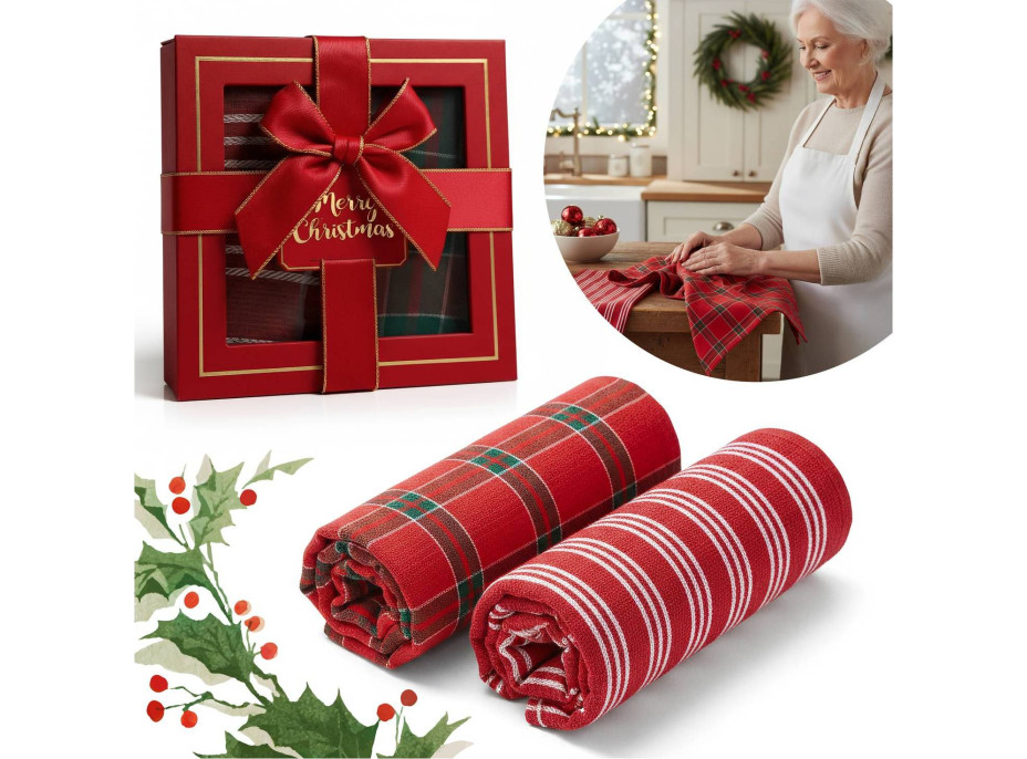 Sada utěrek VÁNOČNÍ KOUZLO v dárkovém balení - 2 kusy - červená