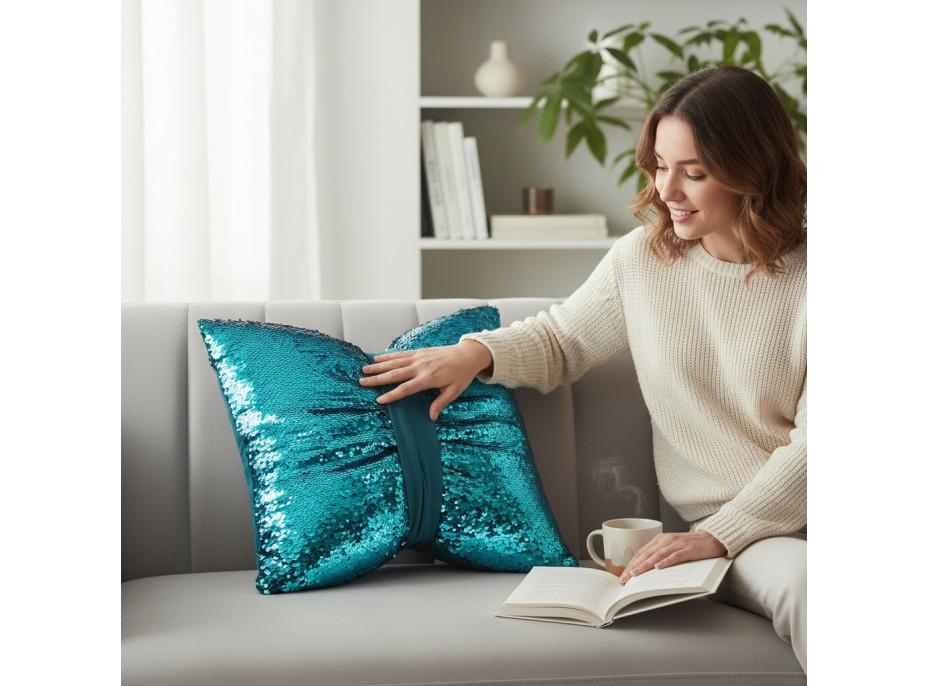 Dekorační polštář GLAM SHINE 40x40 cm - tyrkysový/stříbrný