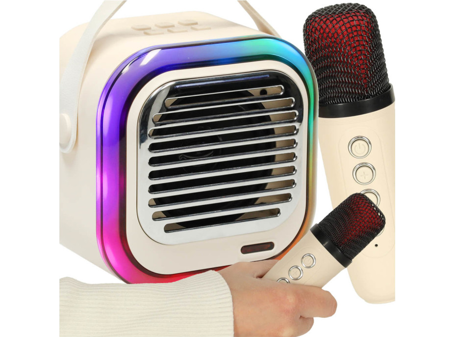 Sada karaoke reproduktoru Bluetooth + 2 mikrofony - krémový Sada karaoke reproduktoru Bluetooth + 2 mikrofony - krémový