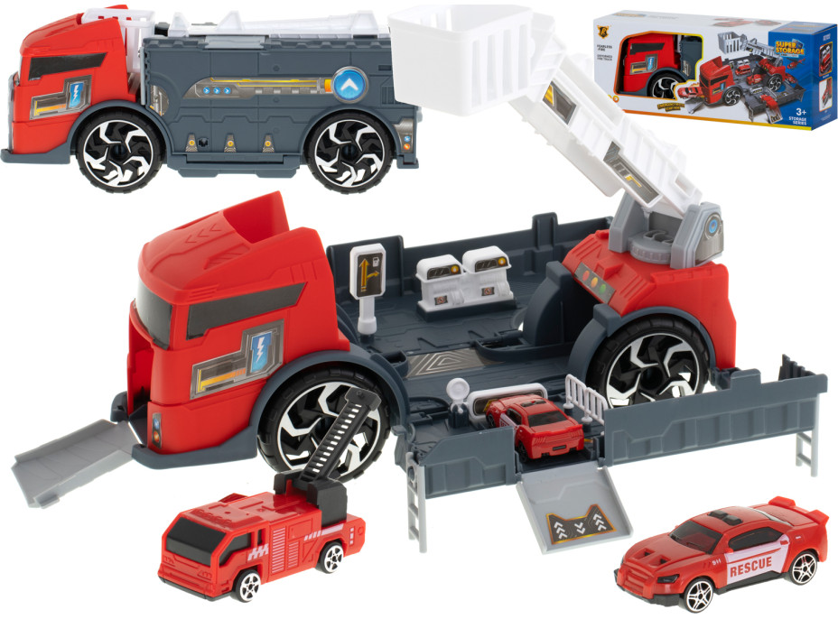 Transportér TIR 2v1 parkovací garáž hasiči + 3 auta - červená
