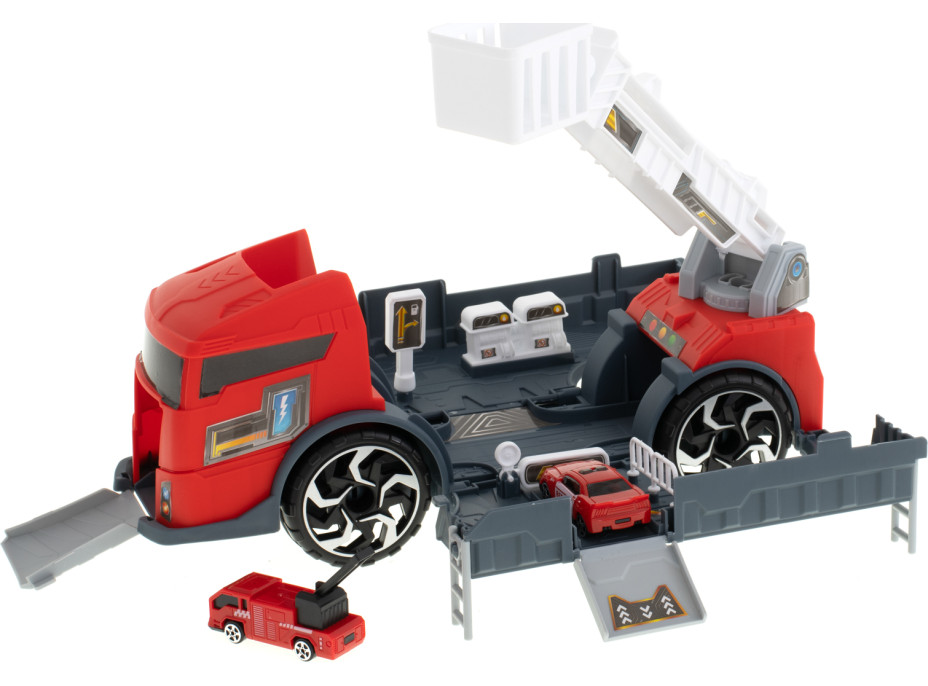 Transportér TIR 2v1 parkovací garáž hasiči + 3 auta - červená