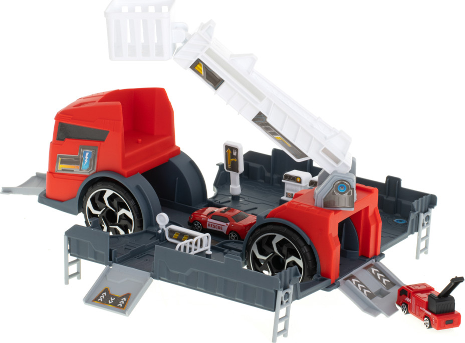 Transportér TIR 2v1 parkovací garáž hasiči + 3 auta - červená