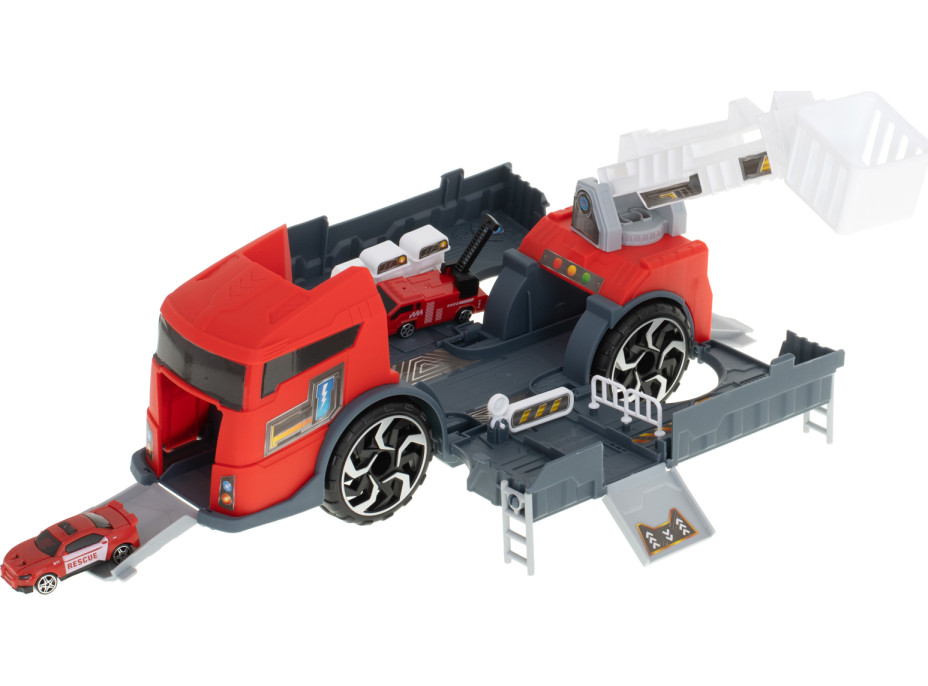 Transportér TIR 2v1 parkovací garáž hasiči + 3 auta - červená