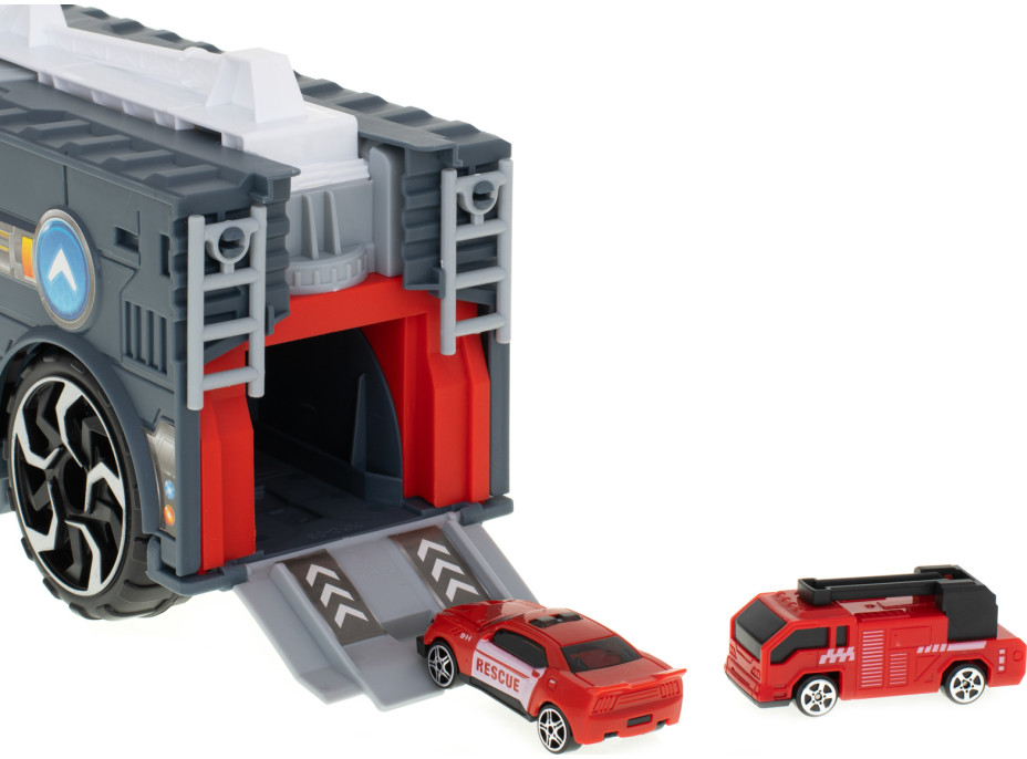 Transportér TIR 2v1 parkovací garáž hasiči + 3 auta - červená