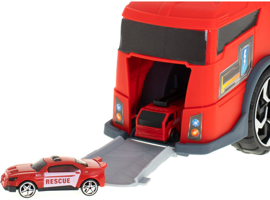 Transportér TIR 2v1 parkovací garáž hasiči + 3 auta - červená