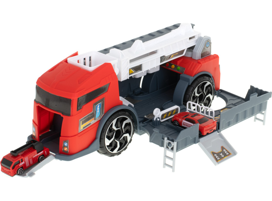 Transportér TIR 2v1 parkovací garáž hasiči + 3 auta - červená