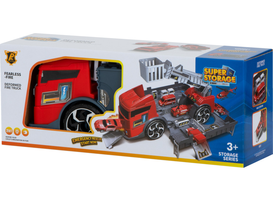 Transportér TIR 2v1 parkovací garáž hasiči + 3 auta - červená