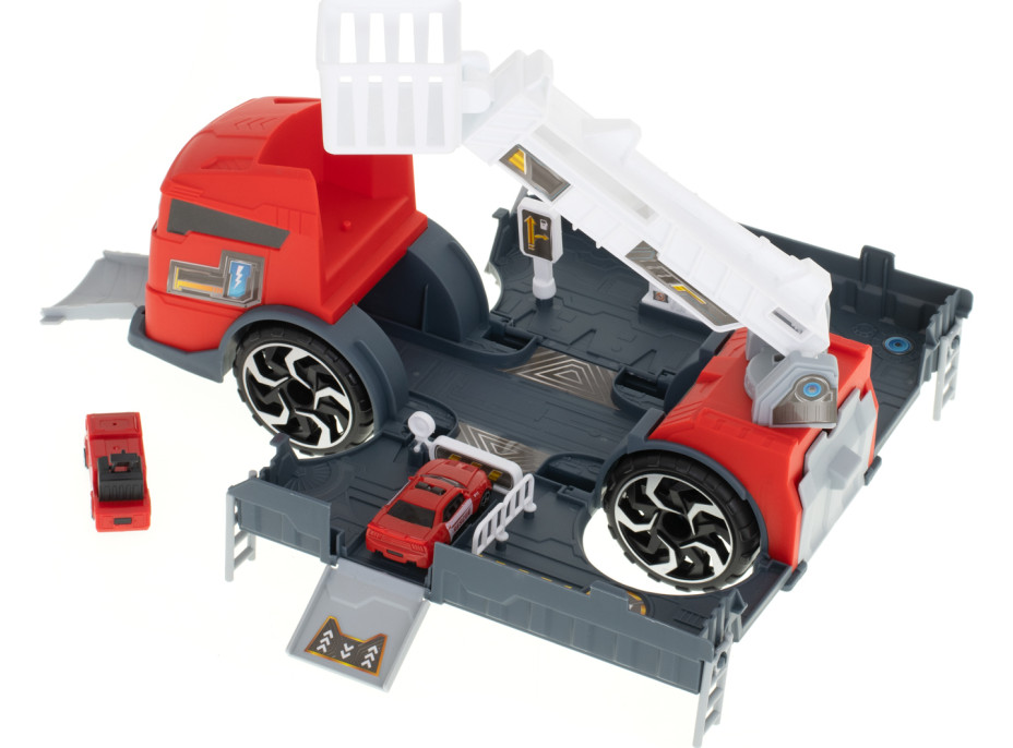 Transportér TIR 2v1 parkovací garáž hasiči + 3 auta - červená