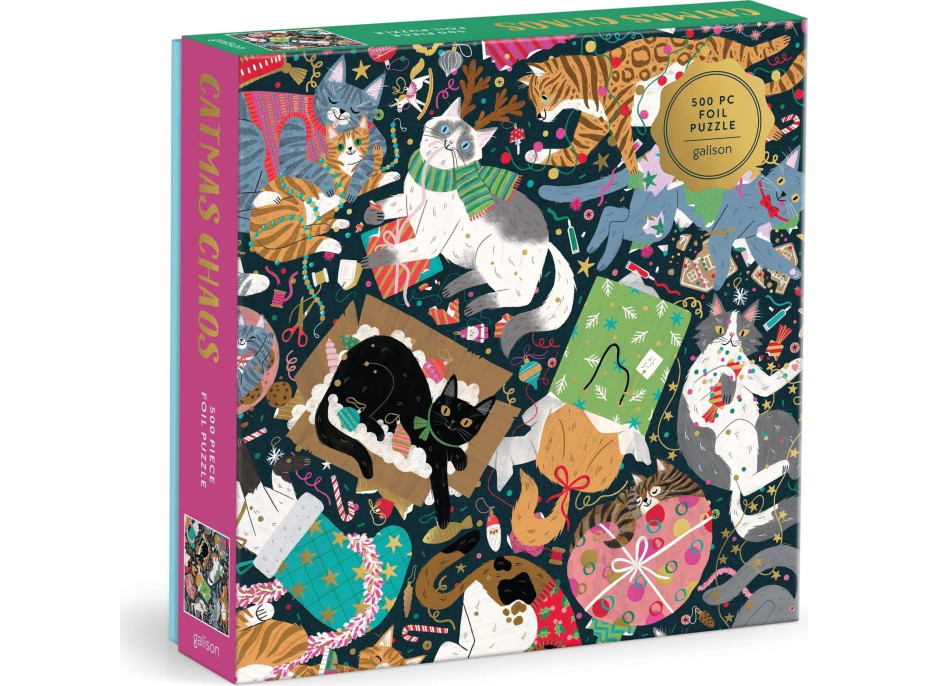 GALISON Metalické čtvercové puzzle Kočičí vánoční chaos 500 dílků