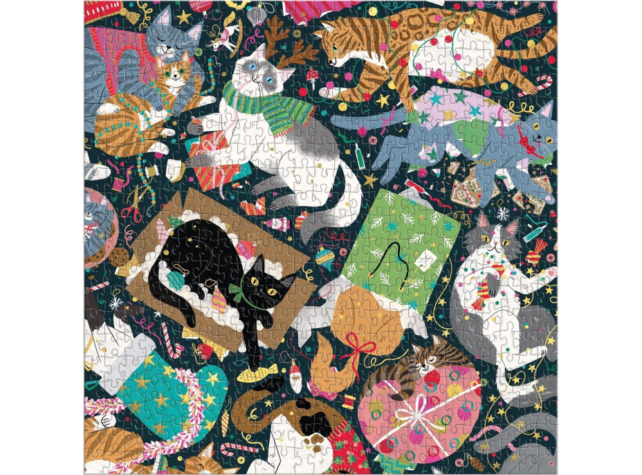 GALISON Metalické čtvercové puzzle Kočičí vánoční chaos 500 dílků