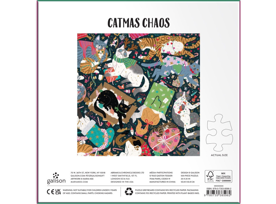 GALISON Metalické čtvercové puzzle Kočičí vánoční chaos 500 dílků
