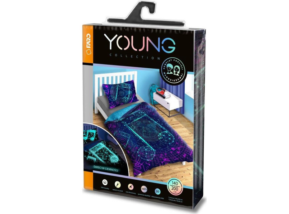 Bavlněné svítící povlečení YOUNG Music - 140x200 cm + 70x80 cm