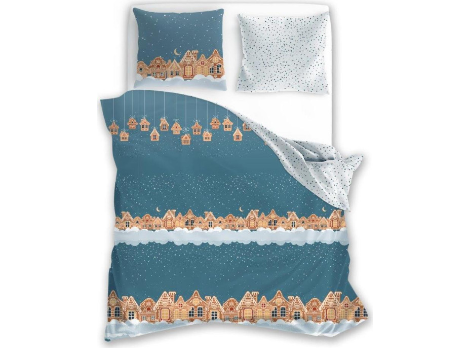 Bavlněné povlečení SCANDIC Perníkové městečko - modré/bílé - 160x200 cm