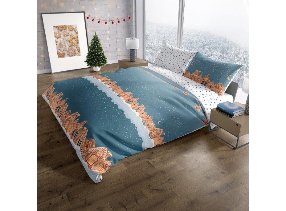 Bavlněné povlečení SCANDIC Perníkové městečko - modré/bílé - 160x200 cm