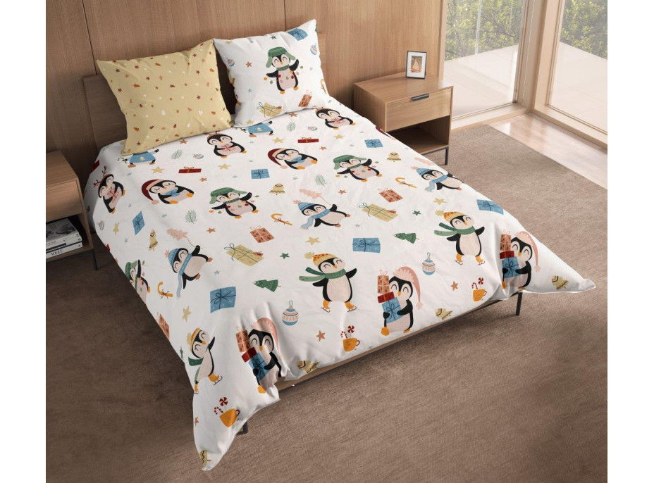 Bavlněné povlečení SCANDIC Tučňáci s dárečky - bílé/béžové - 160x200 cm