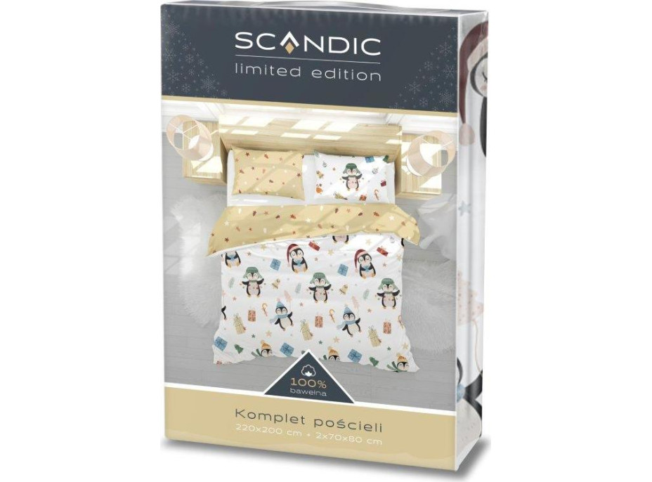 Bavlněné povlečení SCANDIC Tučňáci s dárečky - bílé/béžové - 220x200 cm