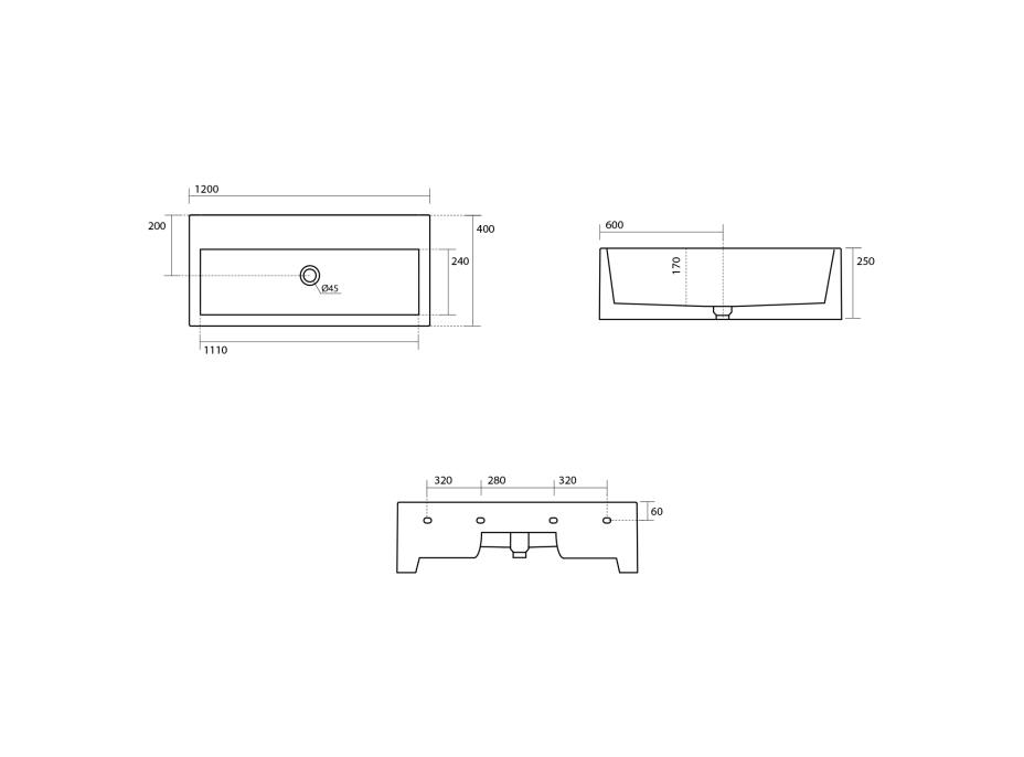 Kerasan KANAAL keramické umyvadlo 120x40cm, černá mat 574231