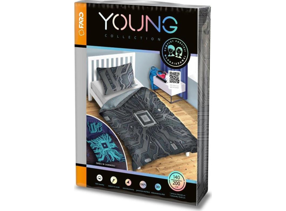 Bavlněné svítící povlečení YOUNG AI - 140x200 cm + 70x80 cm