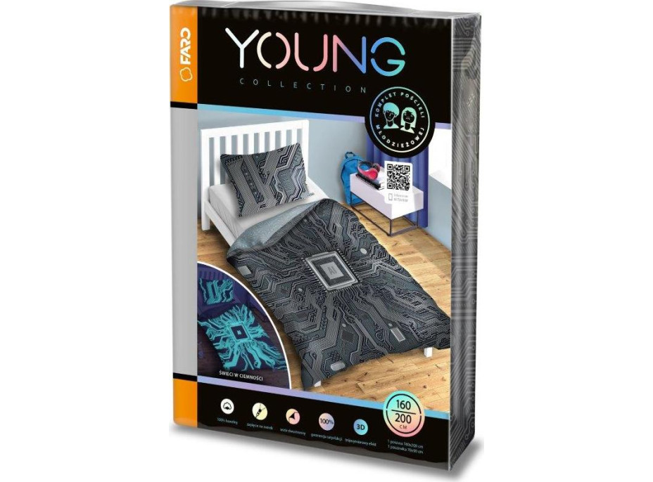 Bavlněné svítící povlečení YOUNG AI - 160x200 cm + 70x80 cm