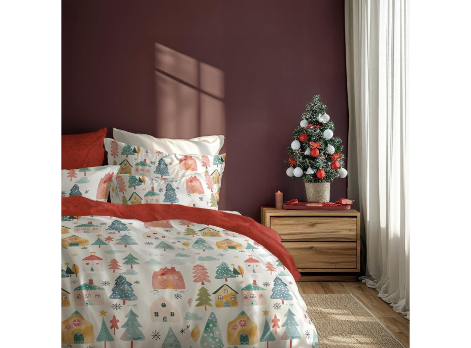 Bavlněné povlečení SCANDIC Zimní vesnička - bílé/červené - 140x200 cm
