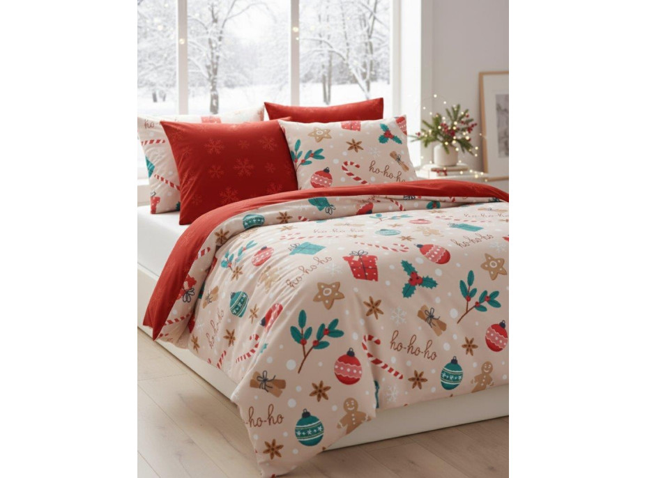 Bavlněné povlečení SCANDIC Vánoční motiv - béžové/červené - 140x200 cm