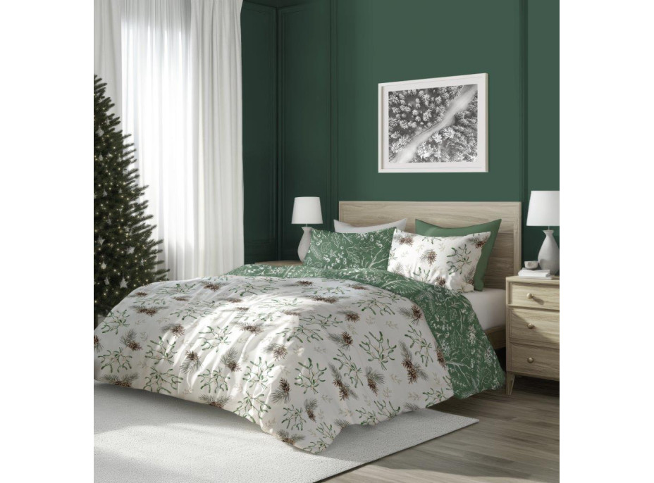 Bavlněné povlečení SCANDIC Jmelí a větvičky - bílé/zelené - 140x200 cm
