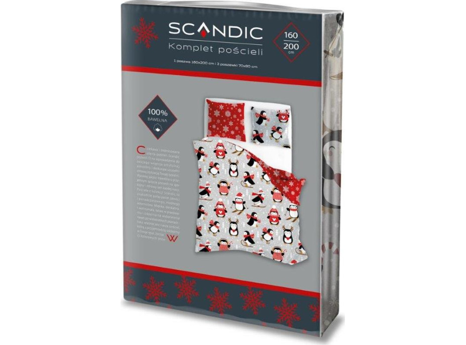 Bavlněné povlečení SCANDIC Tučňáci - šedé/červené - 160x200 cm