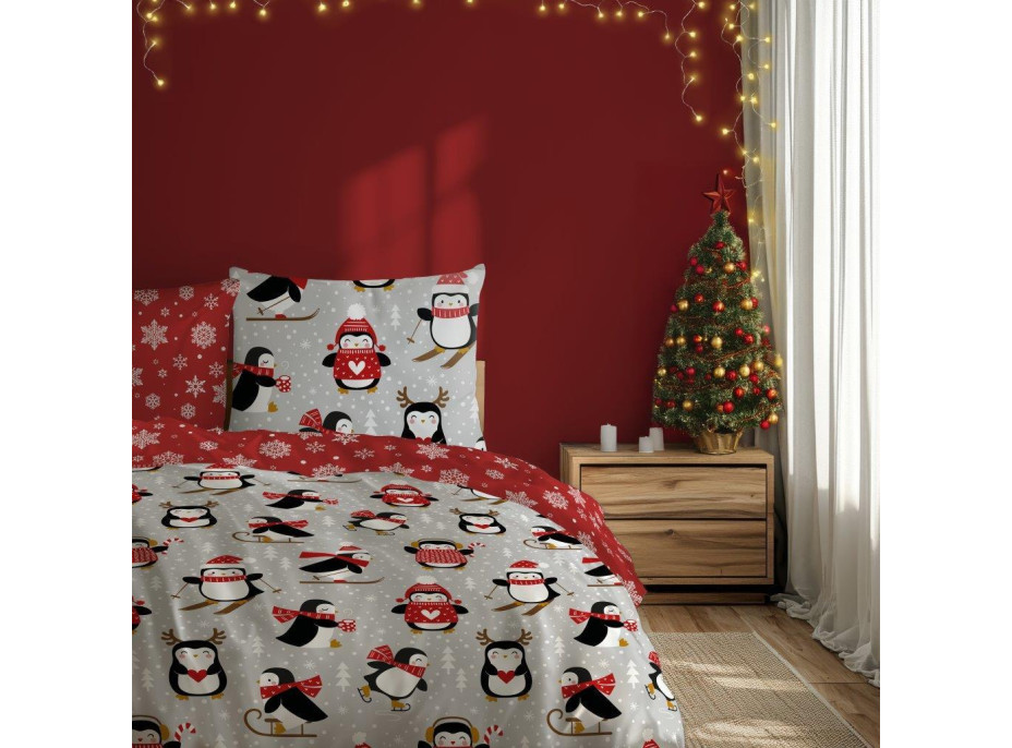 Bavlněné povlečení SCANDIC Tučňáci - šedé/červené - 160x200 cm