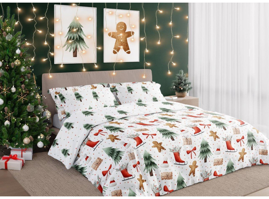 Bavlněné povlečení SCANDIC Perníčky a zimní les - bílé - 160x200 cm