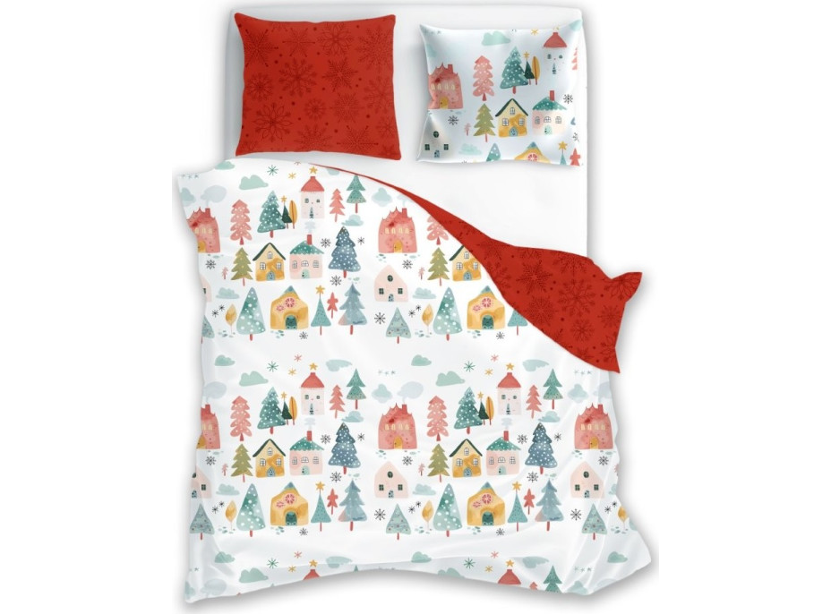 Bavlněné povlečení SCANDIC Zimní vesnička - bílé/červené - 160x200 cm