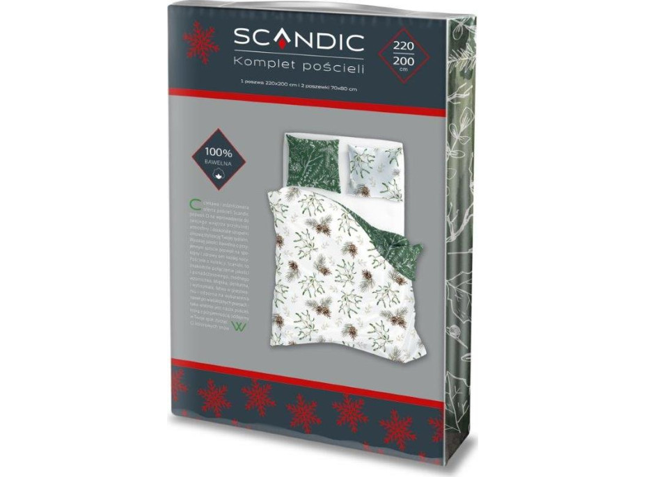 Bavlněné povlečení SCANDIC Jmelí a větvičky - bílé/zelené - 160x200 cm