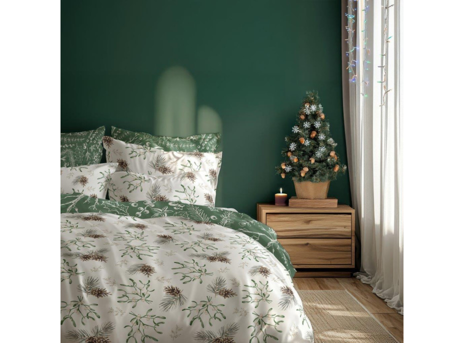 Bavlněné povlečení SCANDIC Jmelí a větvičky - bílé/zelené - 160x200 cm