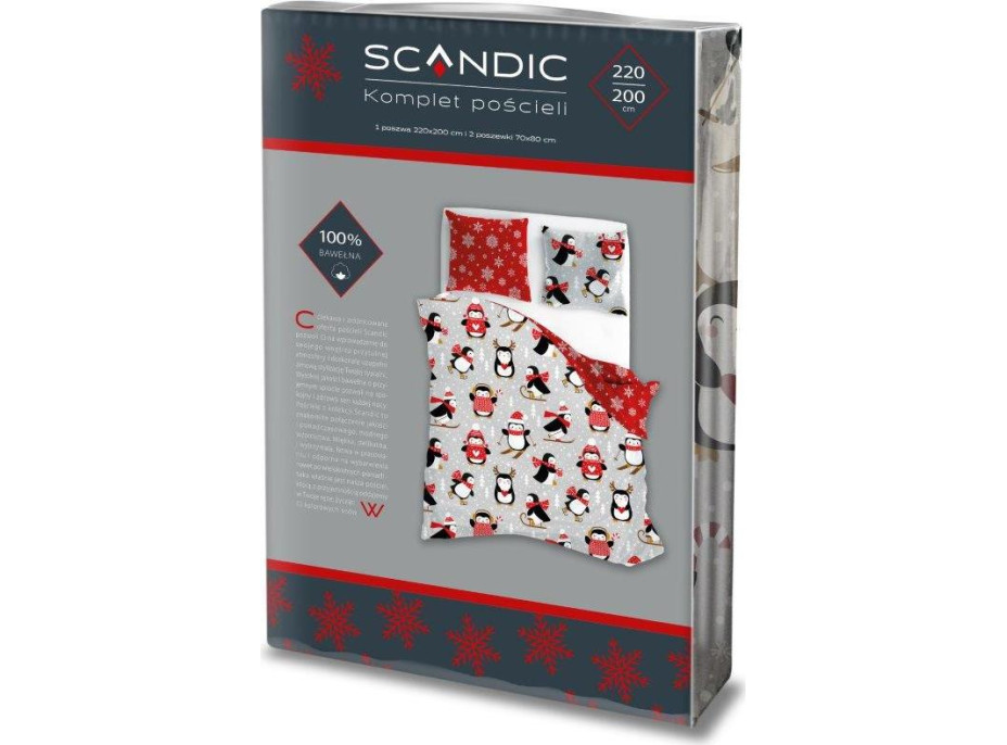 Bavlněné povlečení SCANDIC Tučňáci - šedé/červené - 220x200 cm