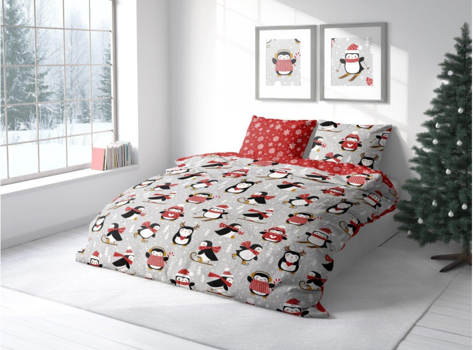 Bavlněné povlečení SCANDIC Tučňáci - šedé/červené - 220x200 cm