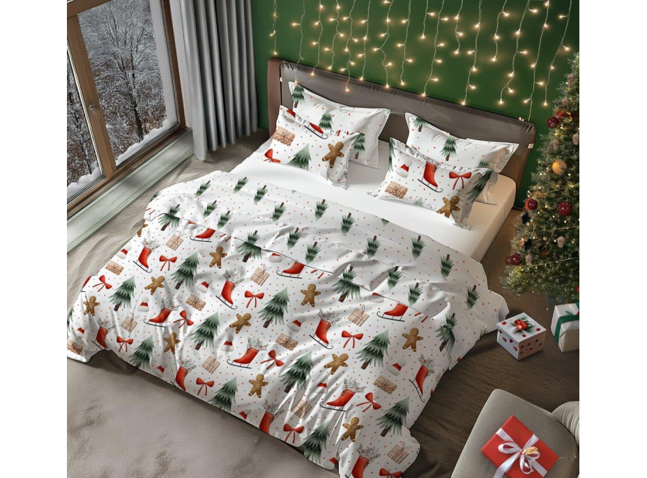 Bavlněné povlečení SCANDIC Perníčky a zimní les - bílé - 220x200 cm