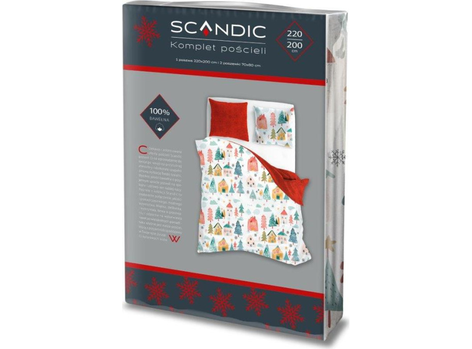 Bavlněné povlečení SCANDIC Zimní vesnička - bílé/červené - 220x200 cm