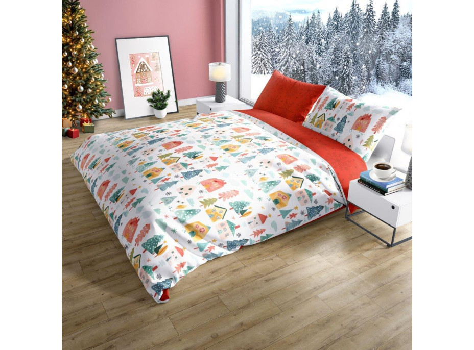 Bavlněné povlečení SCANDIC Zimní vesnička - bílé/červené - 220x200 cm
