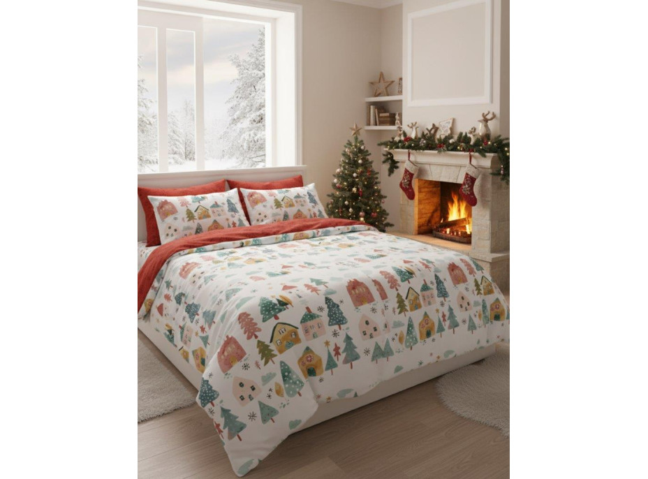 Bavlněné povlečení SCANDIC Zimní vesnička - bílé/červené - 220x200 cm