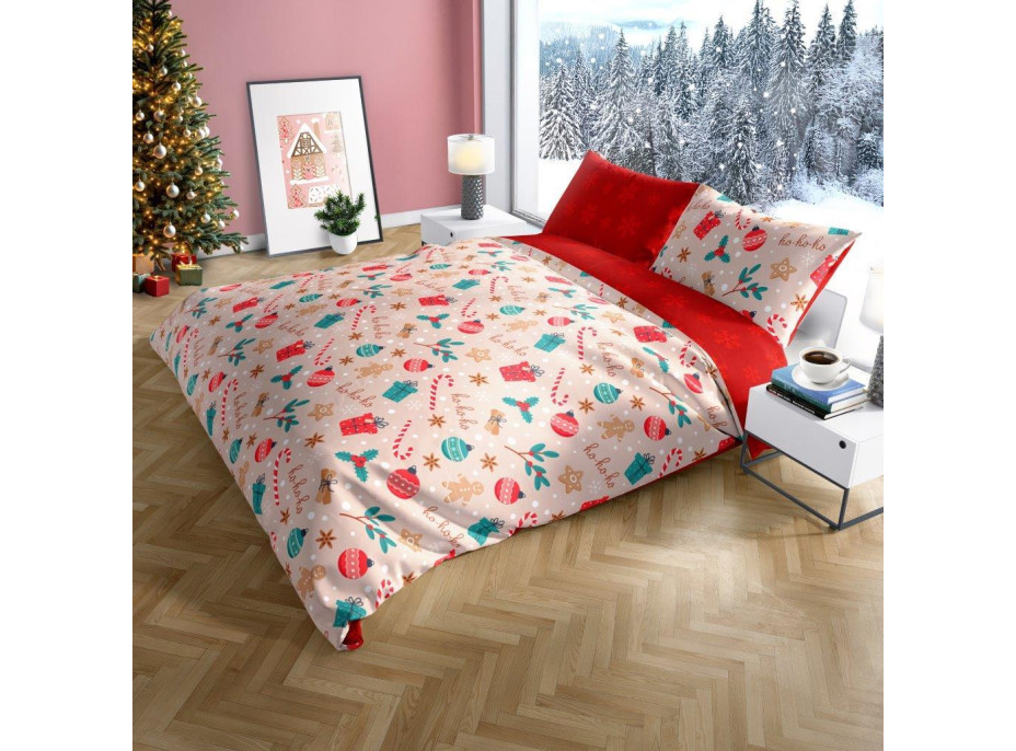 Bavlněné povlečení SCANDIC Vánoční motiv - béžové/červené - 220x200 cm