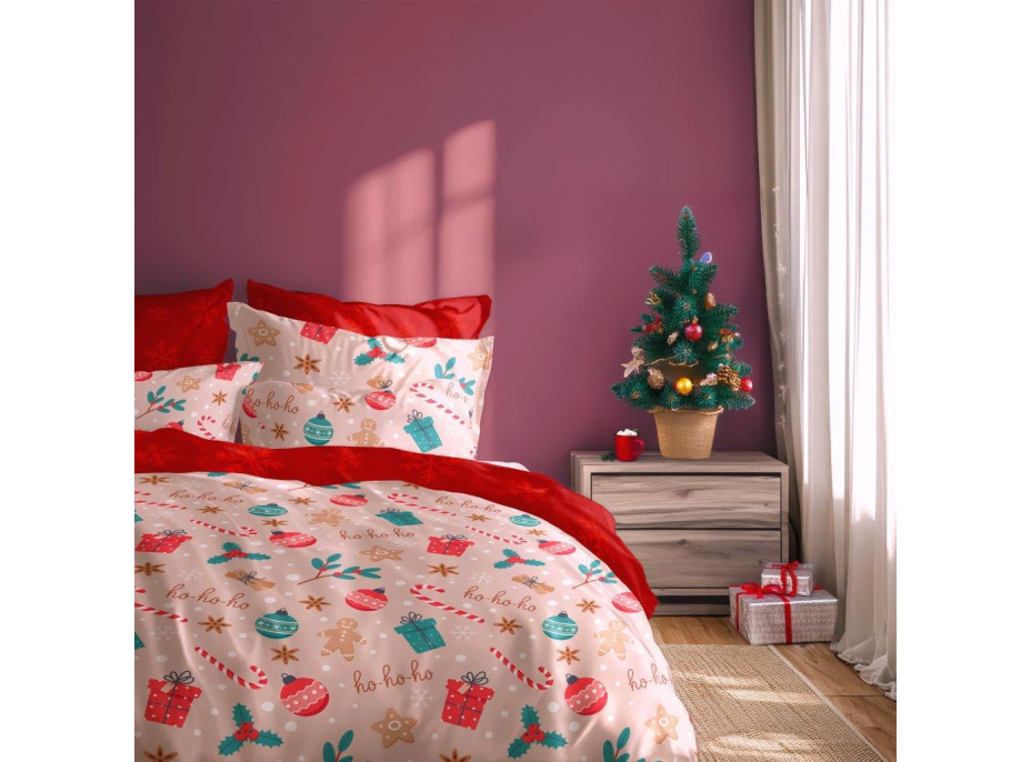 Bavlněné povlečení SCANDIC Vánoční motiv - béžové/červené - 220x200 cm