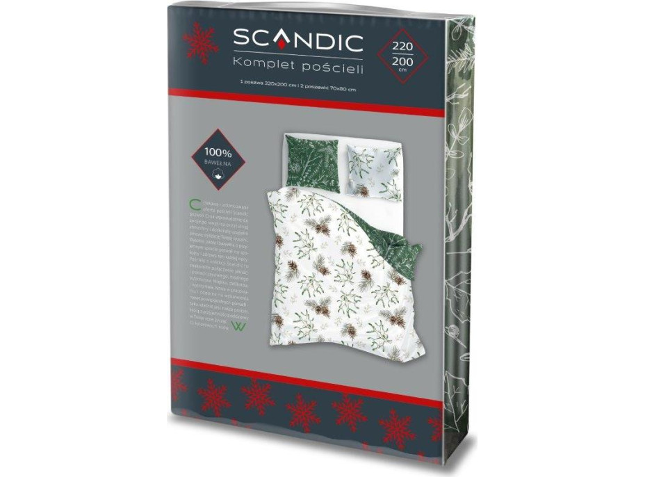 Bavlněné povlečení SCANDIC Jmelí a větvičky - bílé/zelené - 220x200 cm